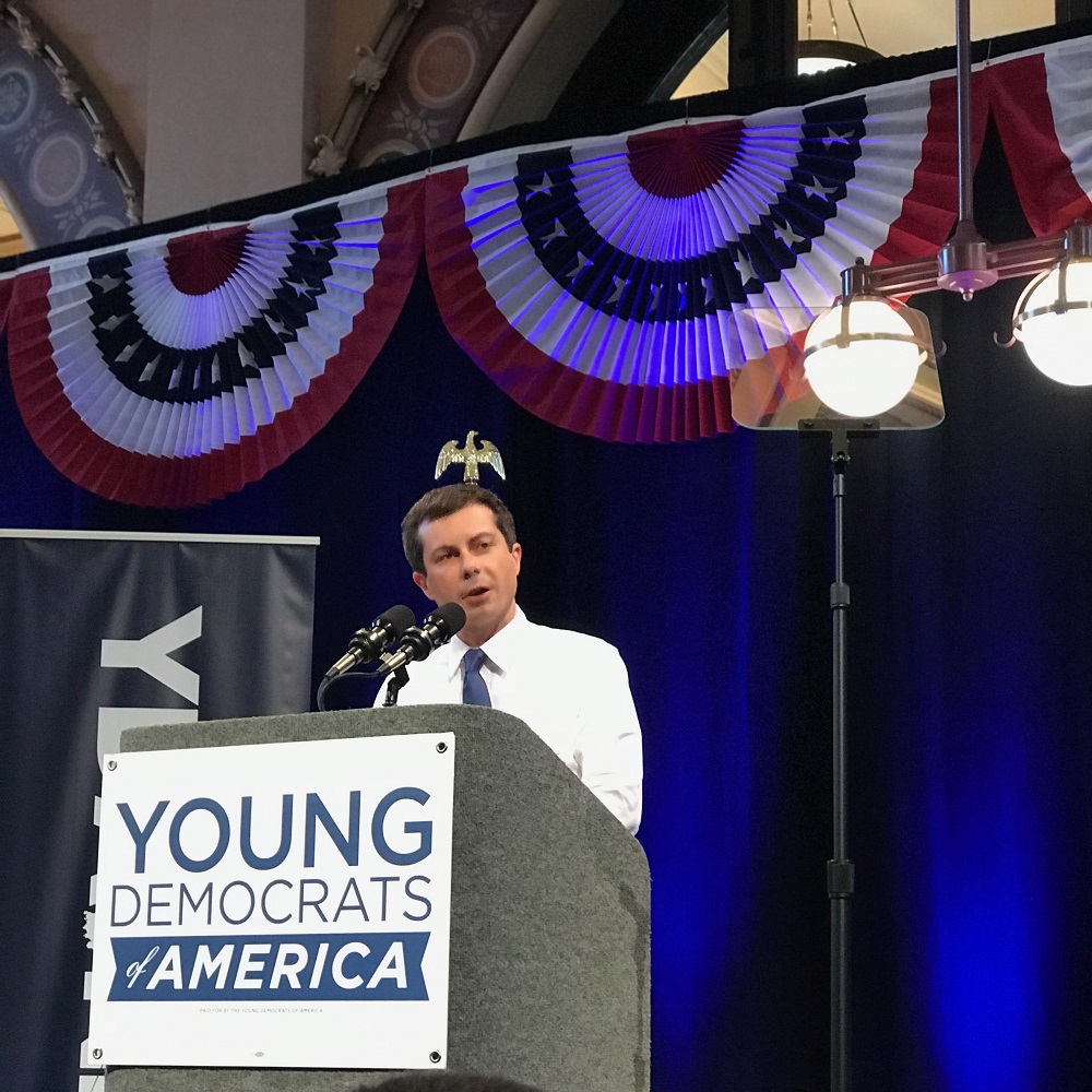 Presidential Candidate South Bend Mayor Pete Buttigieg speaking at the podium of the Young Democrats of America National Convention in Indianapolis 2019